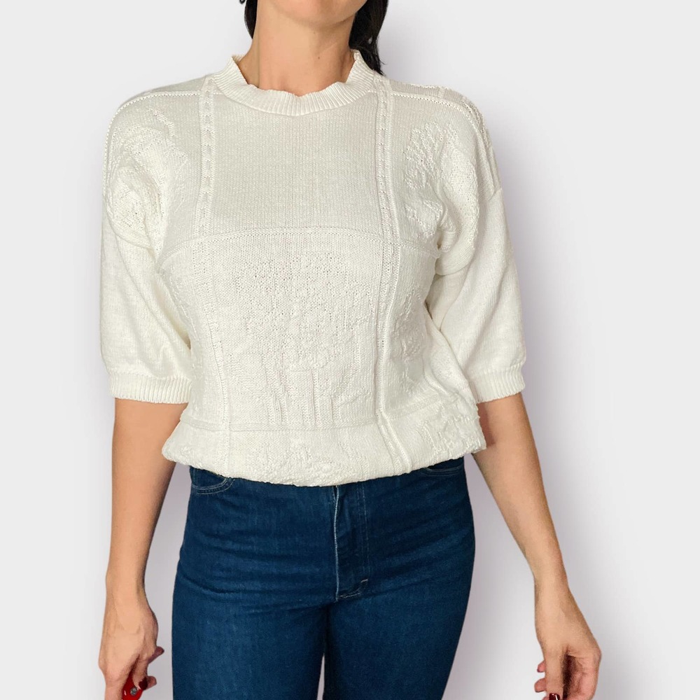 90s Chris Ann Originals White Cream Short‎ Sleeve Sweater with Checkered Pattern